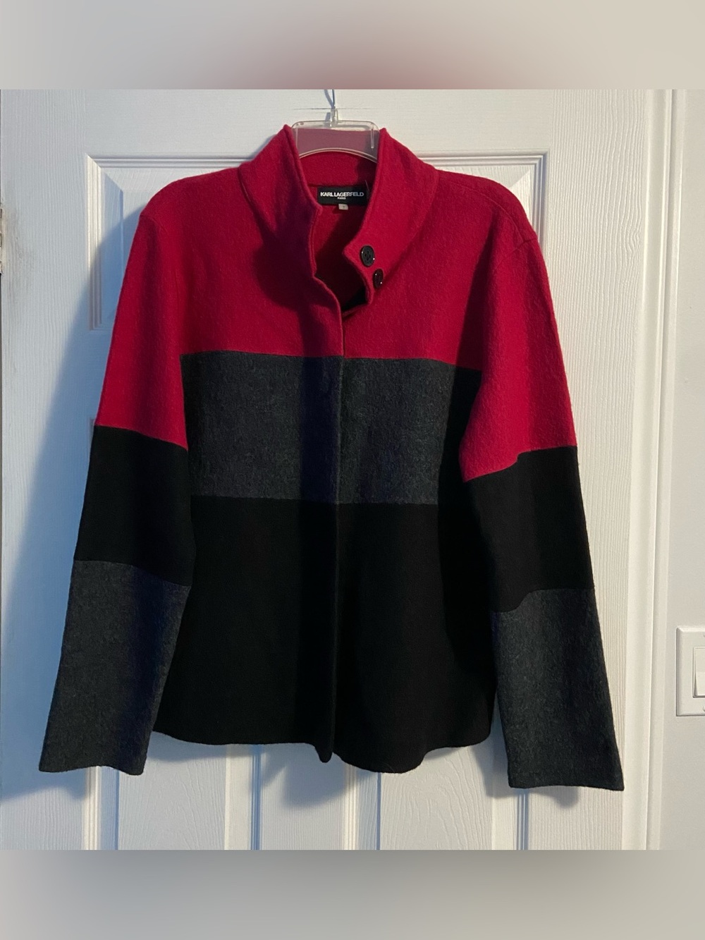 Karl Lagerfeld Paris Boiled Wool Blend Colourblock Sweater Jacket Size L
